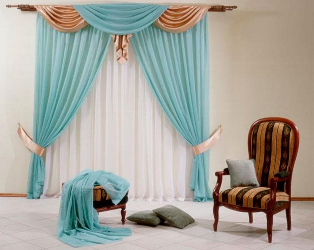 Window decoration with turquoise curtains with lambrequin
