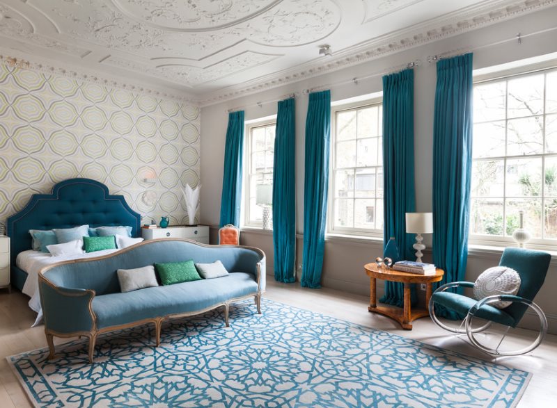 Turquoise curtains sa bedroom interior