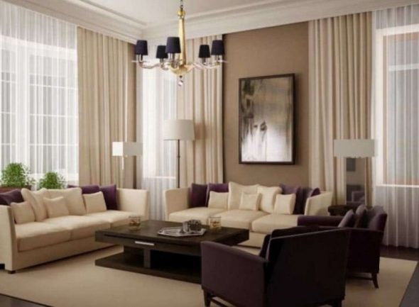 Living room na may dalawang bintana sa modernong estilo