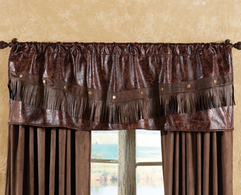 Leather pelmet on the curtains of brown fabric