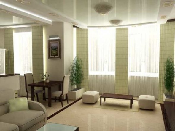 Kusina-living room na may dalawang bintana sa minimalism estilo