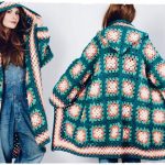 Chic coat with a hood of individual knitted squares