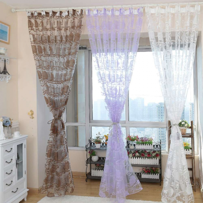 Three organza curtains of different colors