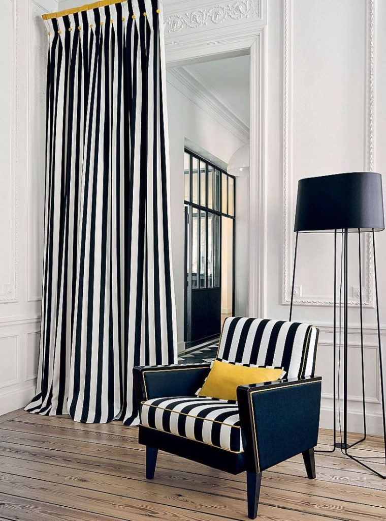 Striped curtains on the living room doorway