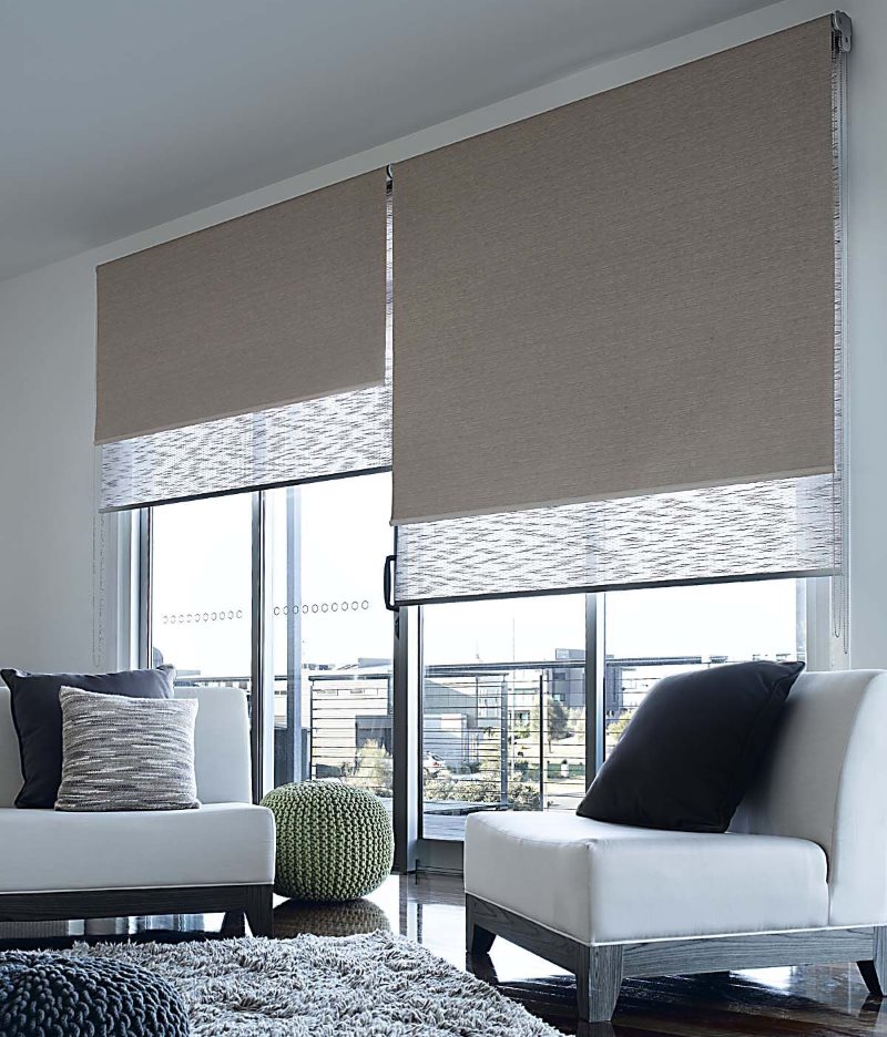 Large living room window with double roller blinds