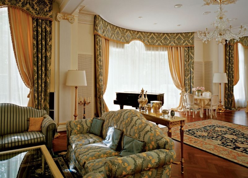 Curtains with a hard lambrequin in the interior of a classic living room