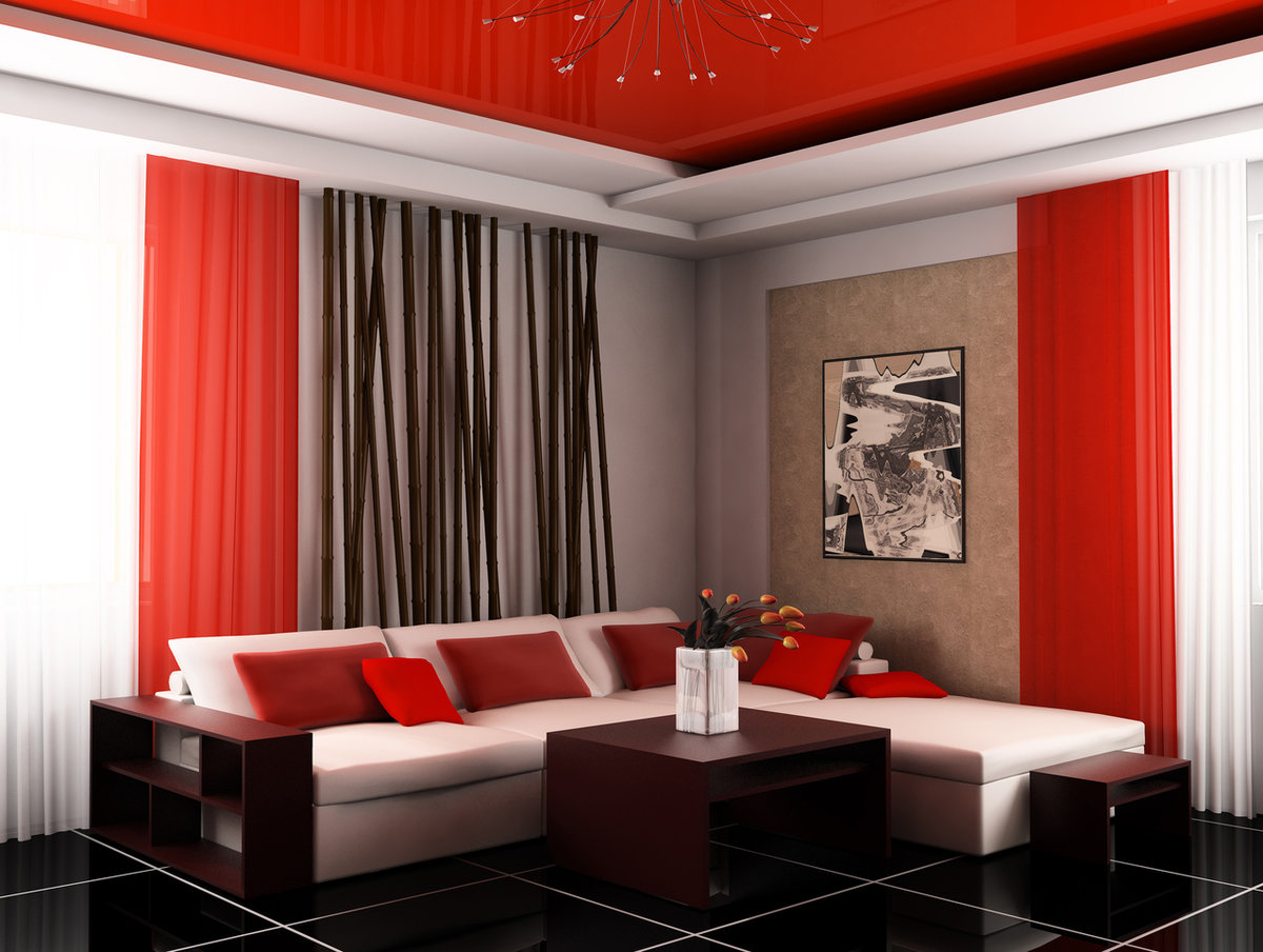 červený a bílý obývací pokoj