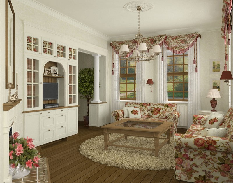 Interiér malého obývacího pokoje ve stylu Provence