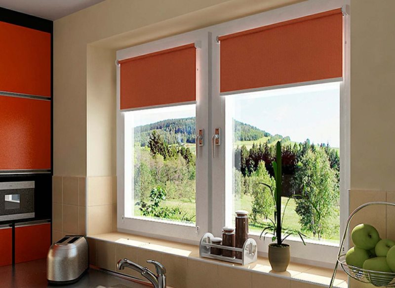 Orange blinds over the kitchen sink