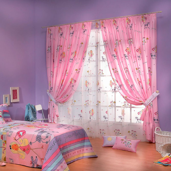 Pink curtains and lilac walls in the nursery