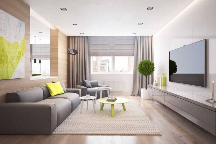تصميم غرفة المعيشة الحديثة مع الستائر مجتمعة