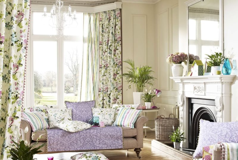Bright living room with flowers on the curtains
