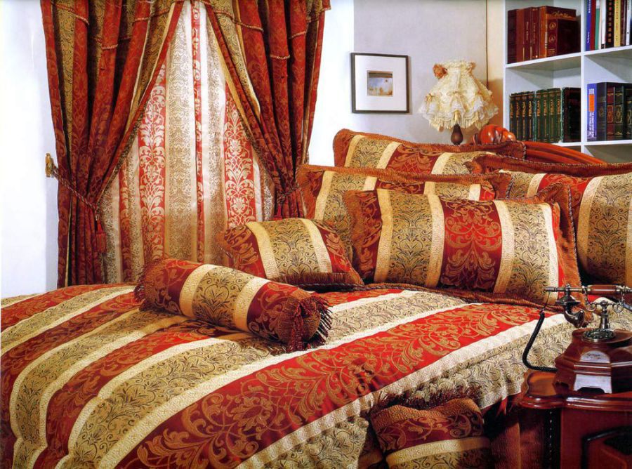 a combination of curtains and bedspreads
