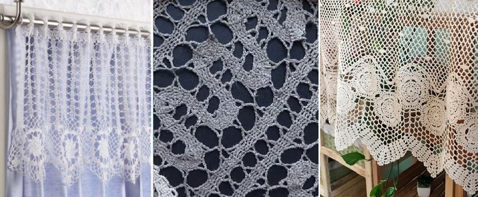 Examples of kitchen curtains using bruges technique