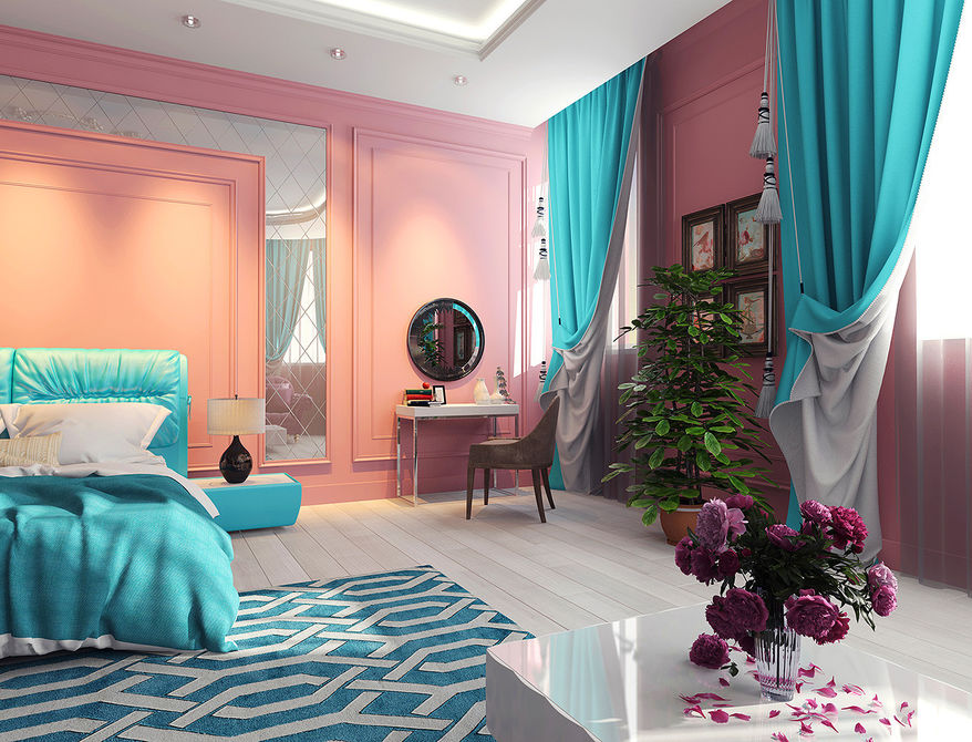 turquoise gordijnen in de slaapkamer