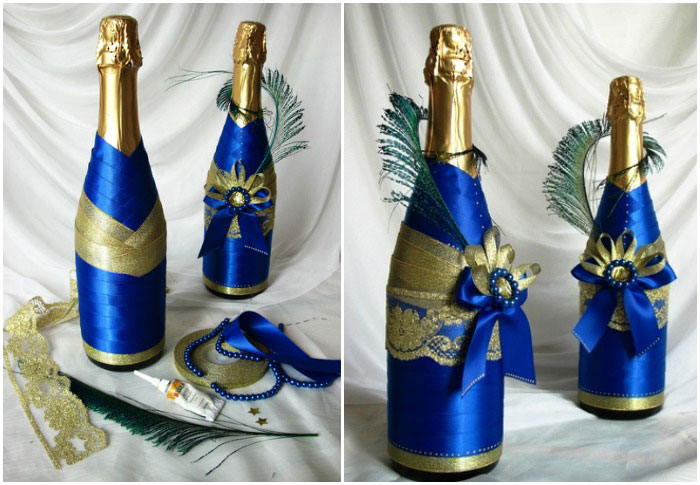 düğün dekoru için şampanya şişesi dekorasyonu