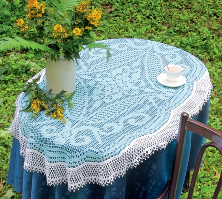 crocheted blue tablecloth