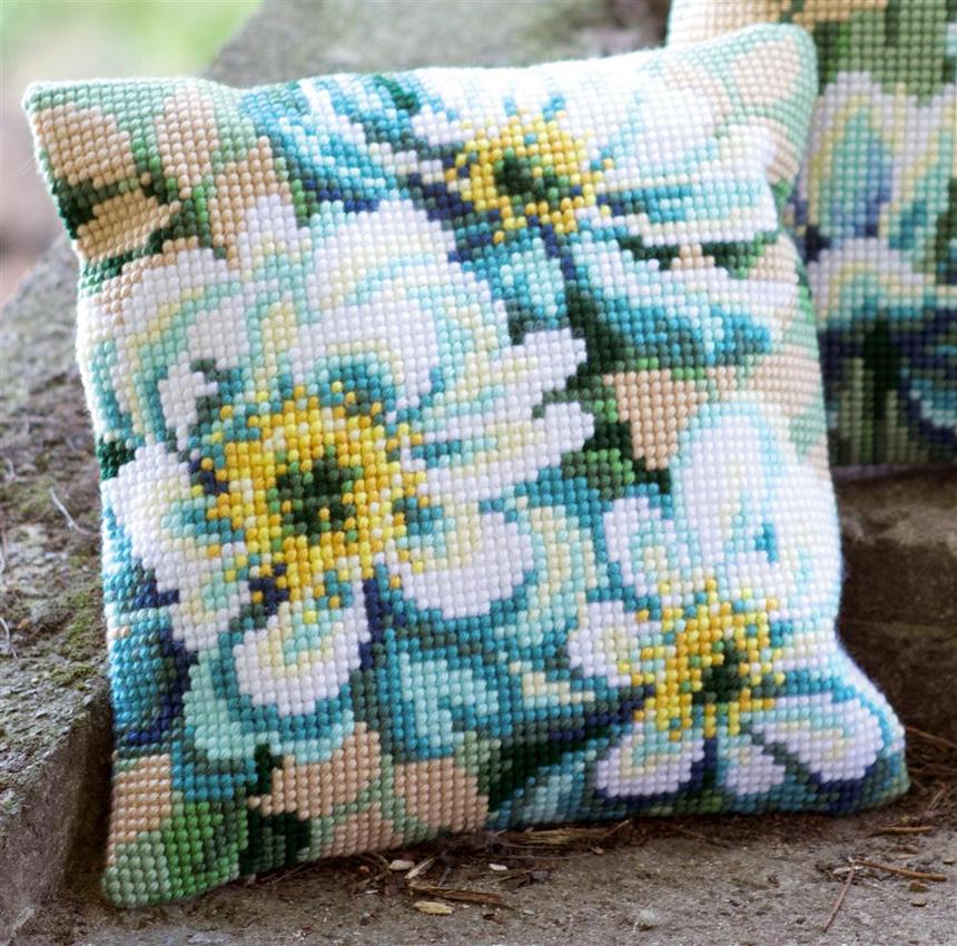 pillow cross stitched flowers