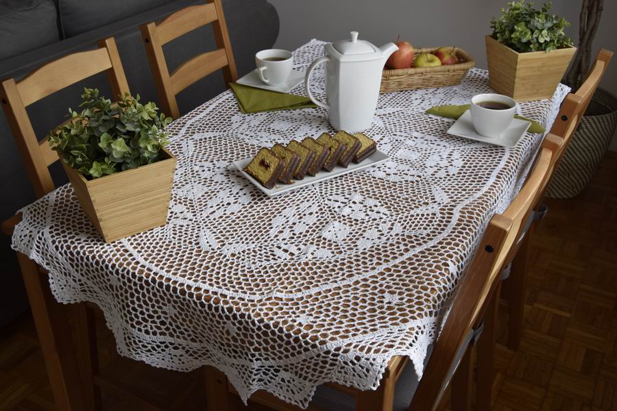crocheted tablecloth decor photo