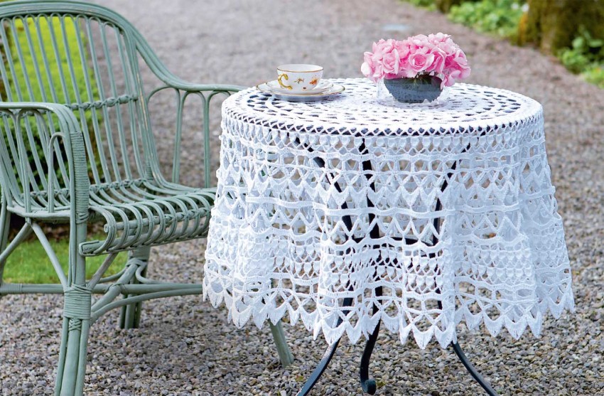 crocheted tablecloth decor